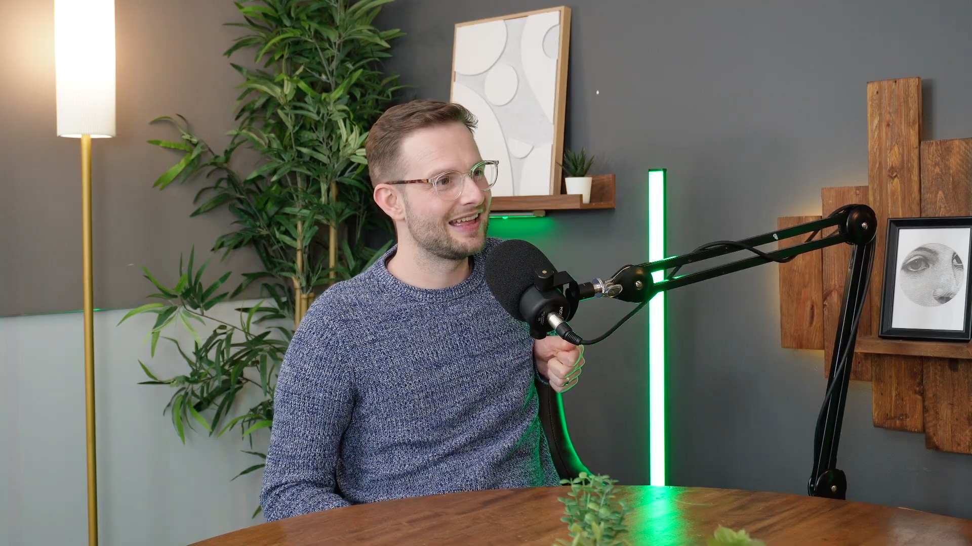 Guest smiling during podcast recording